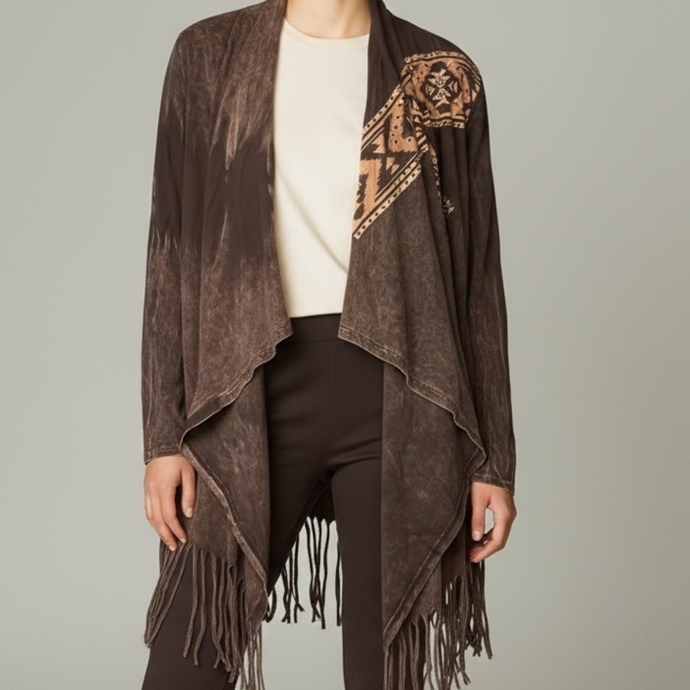Vocal Women's Brown Aztec Tribal Print‎ Fringe Open Front Cowgirl Cardigan Small
